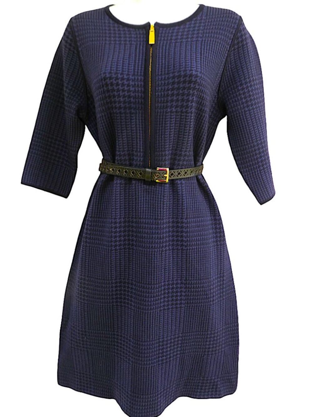 WooL Vintage Luisa Spagnoli Italy Navy Plaid Dress Half Sleeves Exposed Zipper M